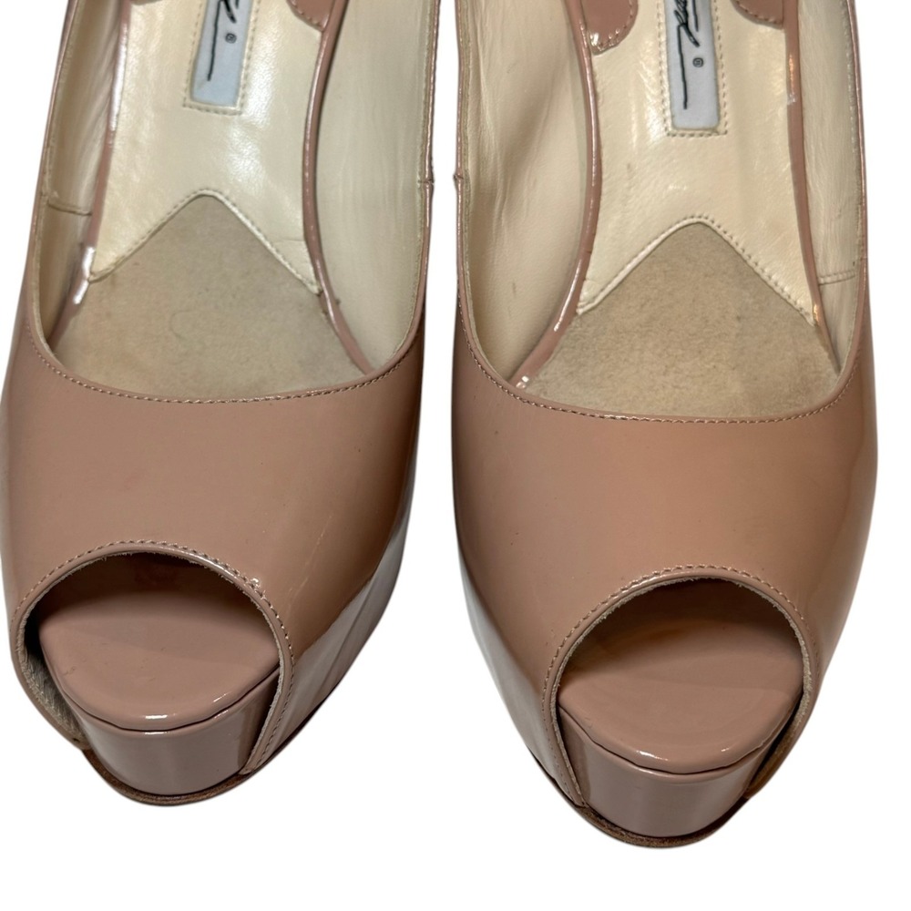 Brian Atwood Tan Patent Leather Sling Back Peep Toe Pumps Size‎ 39 - Picture 4 of 10